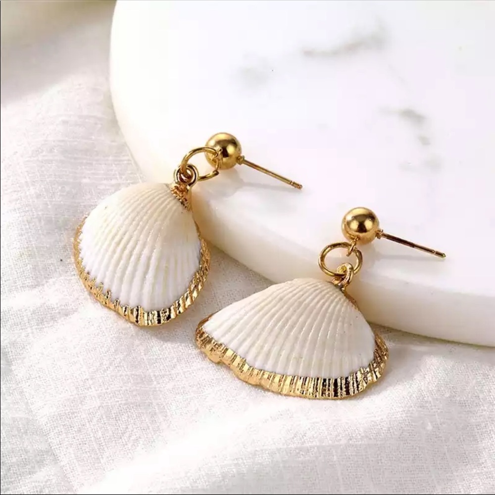 Gold Trim Seashell Dangle Earrings Coastal Beach Boho Jewelry